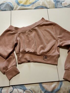 Cropped Off-Shoulder Pink-Tan Sweatshirt with Logo